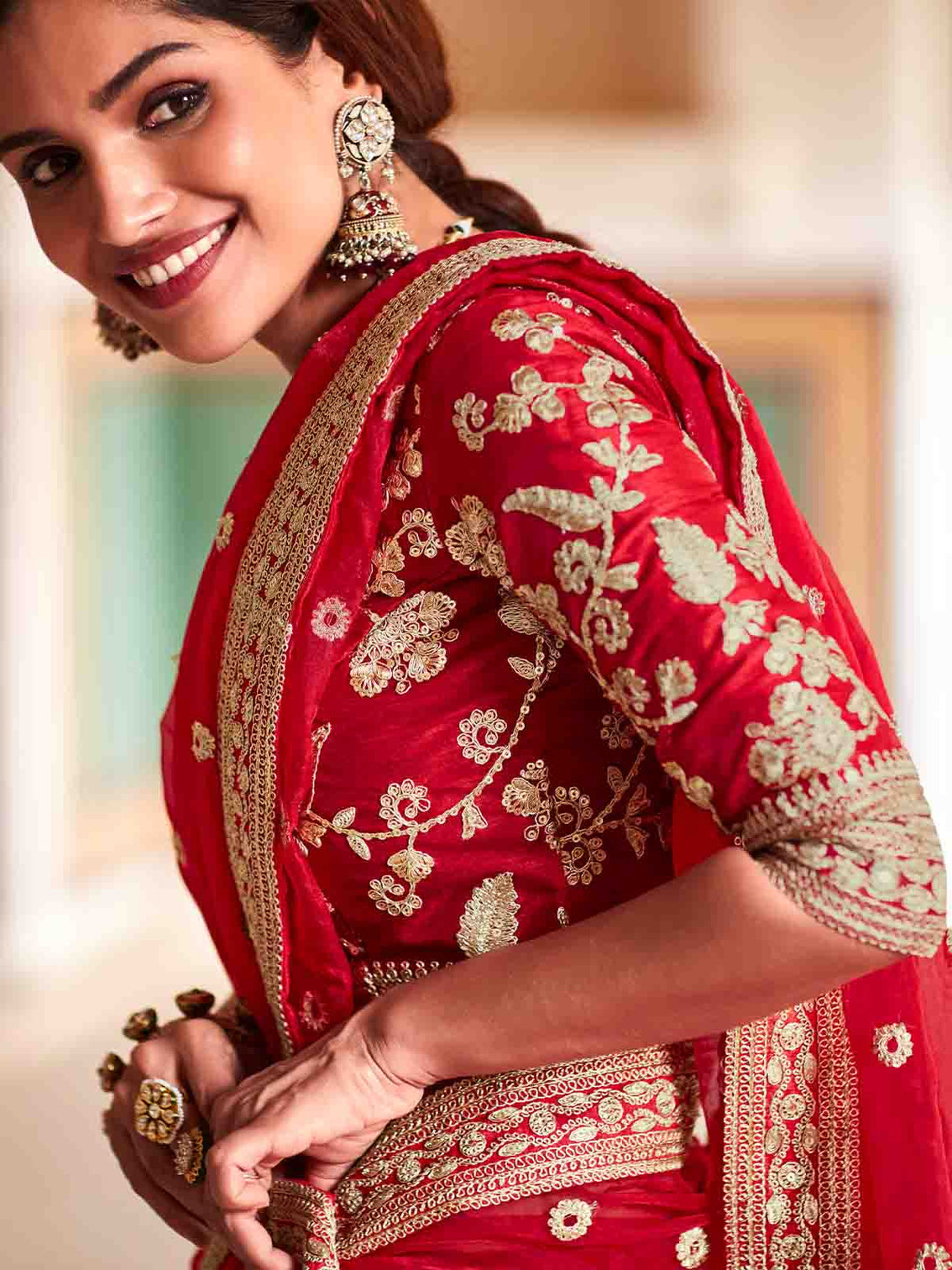 Red Organza Embroidered Saree With Unstitched Blouse