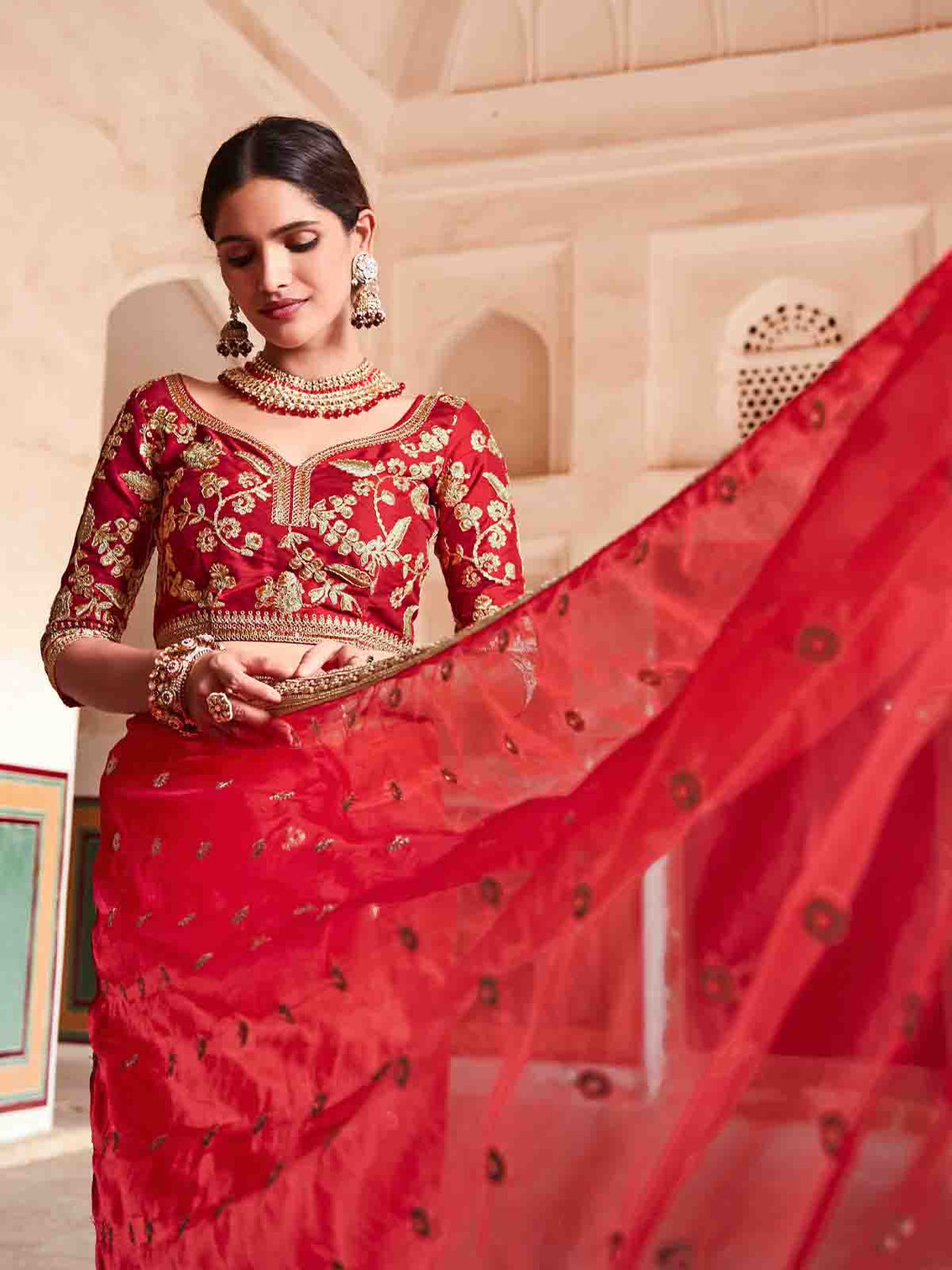 Red Organza Embroidered Saree With Unstitched Blouse