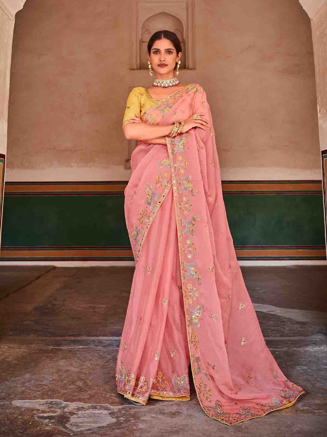 Pink Organza Embroidered Saree With Unstitched Blouse