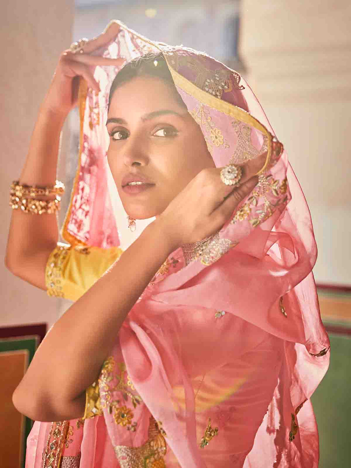 Pink Organza Embroidered Saree With Unstitched Blouse