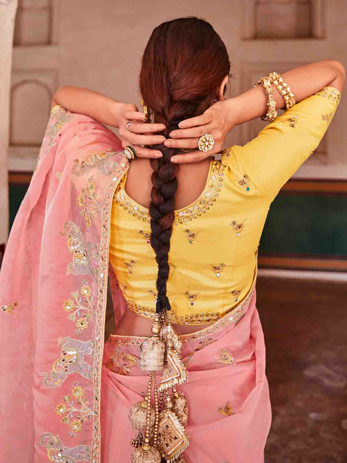 Pink Organza Embroidered Saree With Unstitched Blouse
