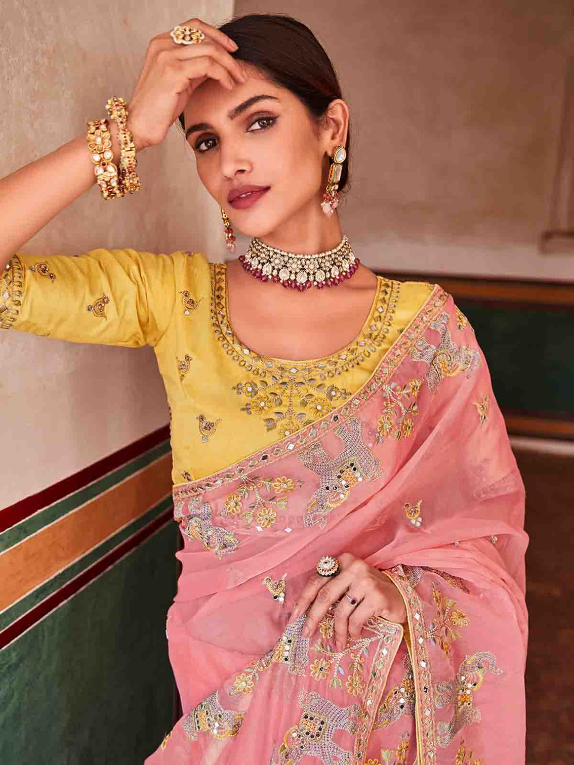 Pink Organza Embroidered Saree With Unstitched Blouse