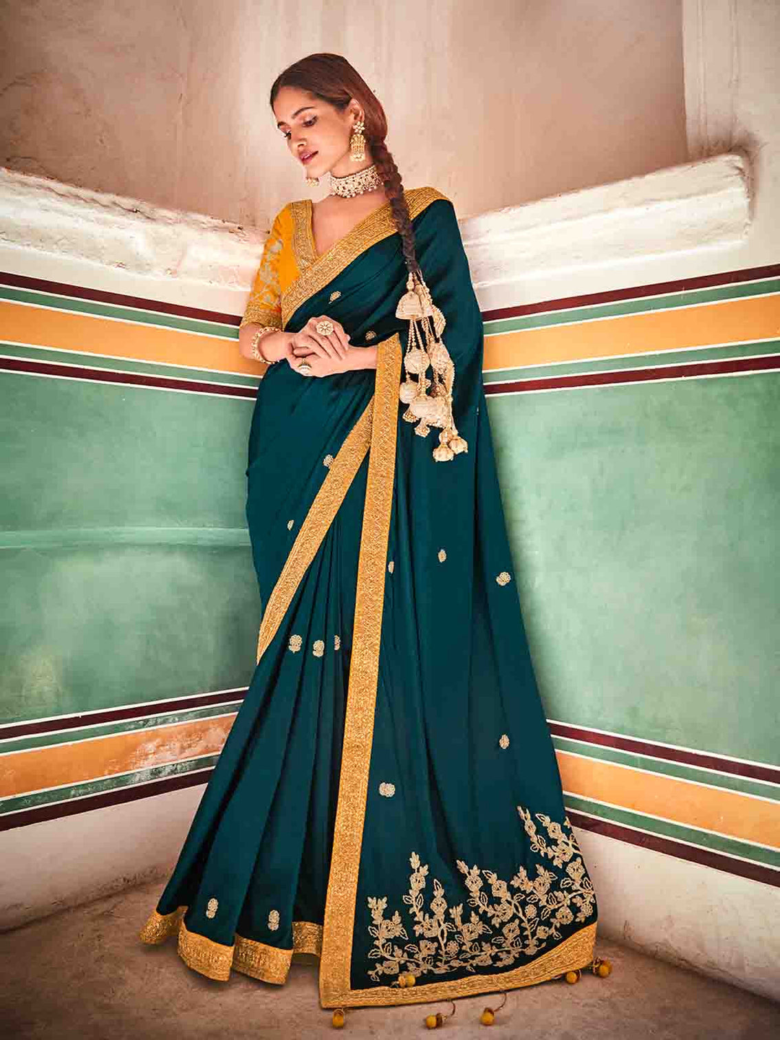 Teal Crepe Silk Embroidered Saree With Unstitched Blouse