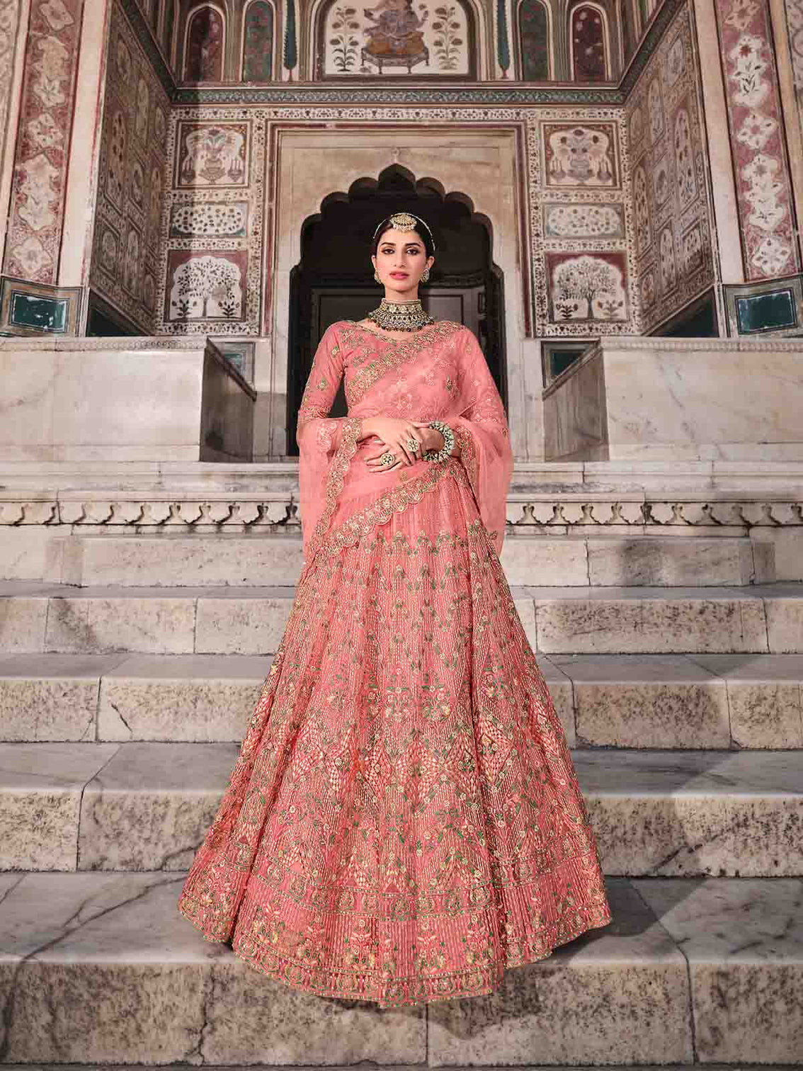 Pretty Peach Soft Net Semi Stitched Lehenga With Unstitched Blouse