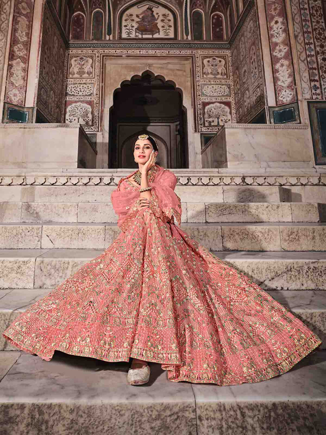 Pretty Peach Soft Net Semi Stitched Lehenga With Unstitched Blouse