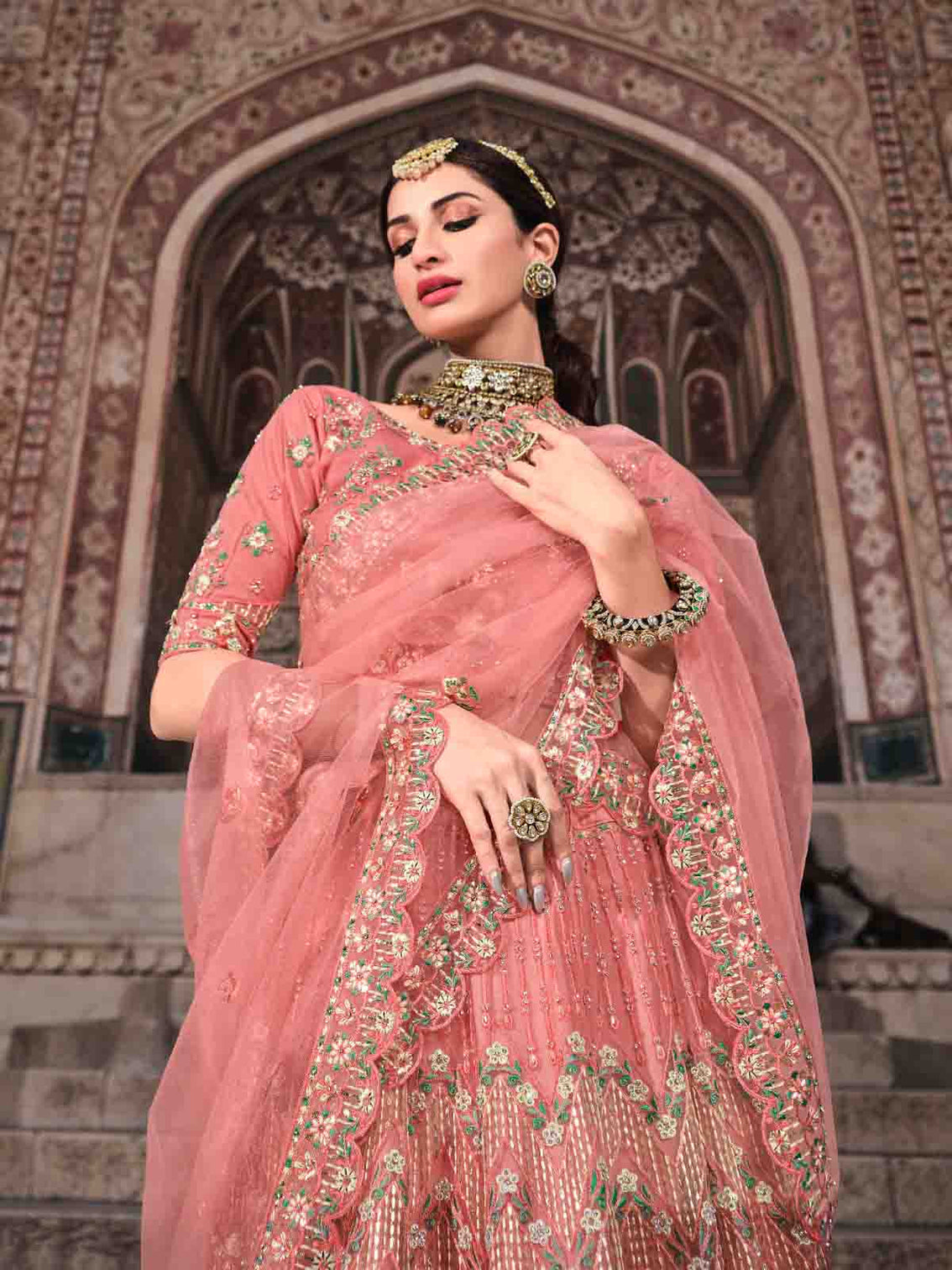Pretty Peach Soft Net Semi Stitched Lehenga With Unstitched Blouse