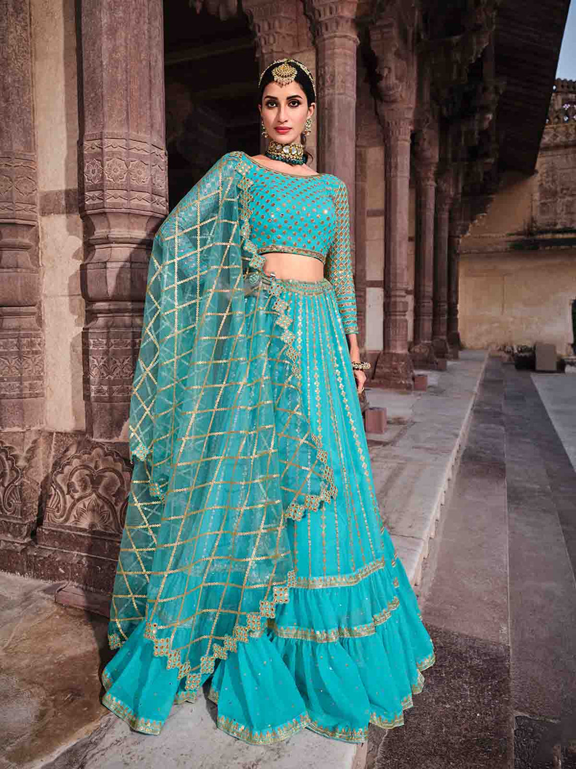 Blue Sequins Sassy Semi Stitched Lehenga With Unstitched Blouse