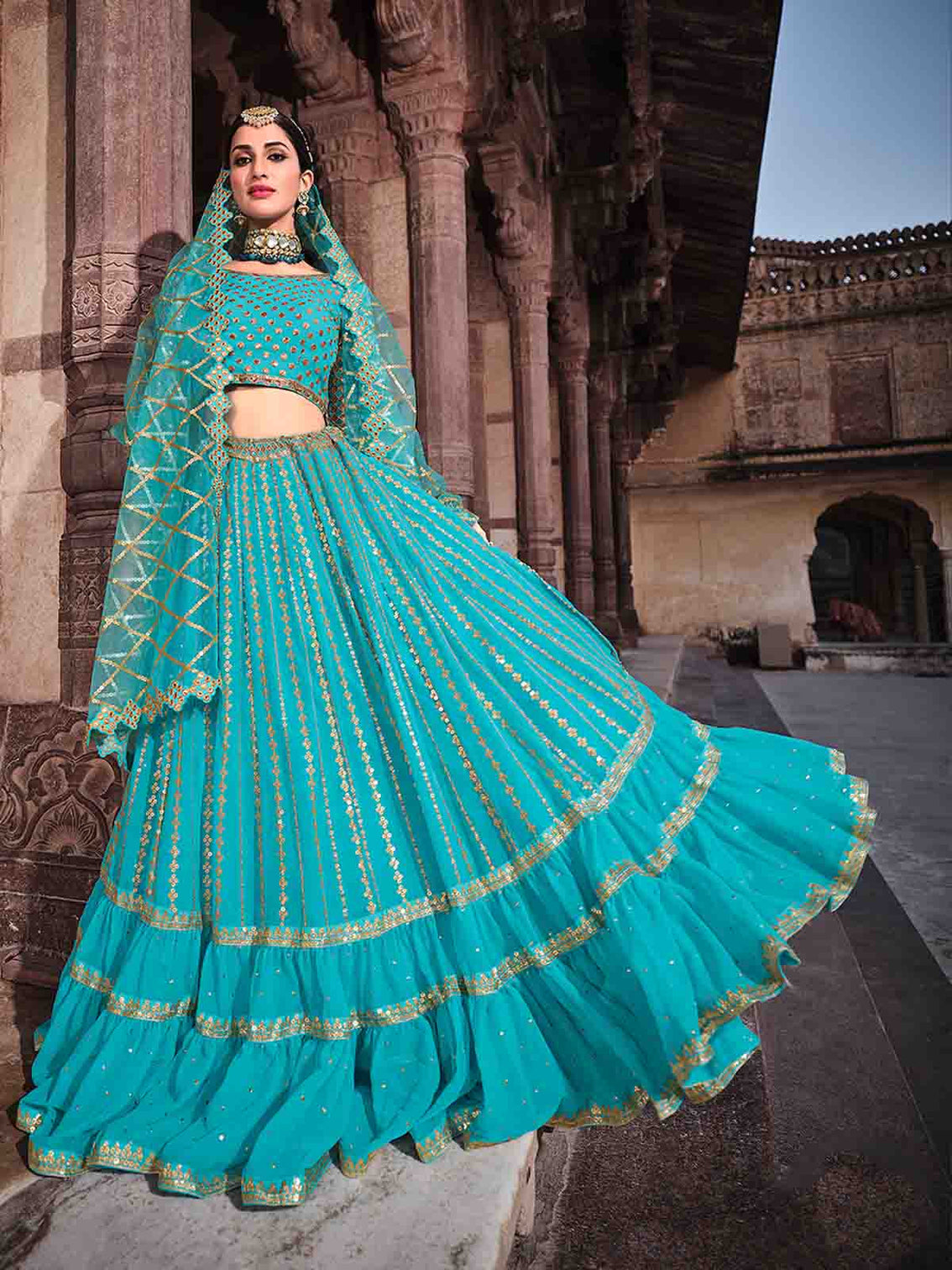 Blue Sequins Sassy Semi Stitched Lehenga With Unstitched Blouse