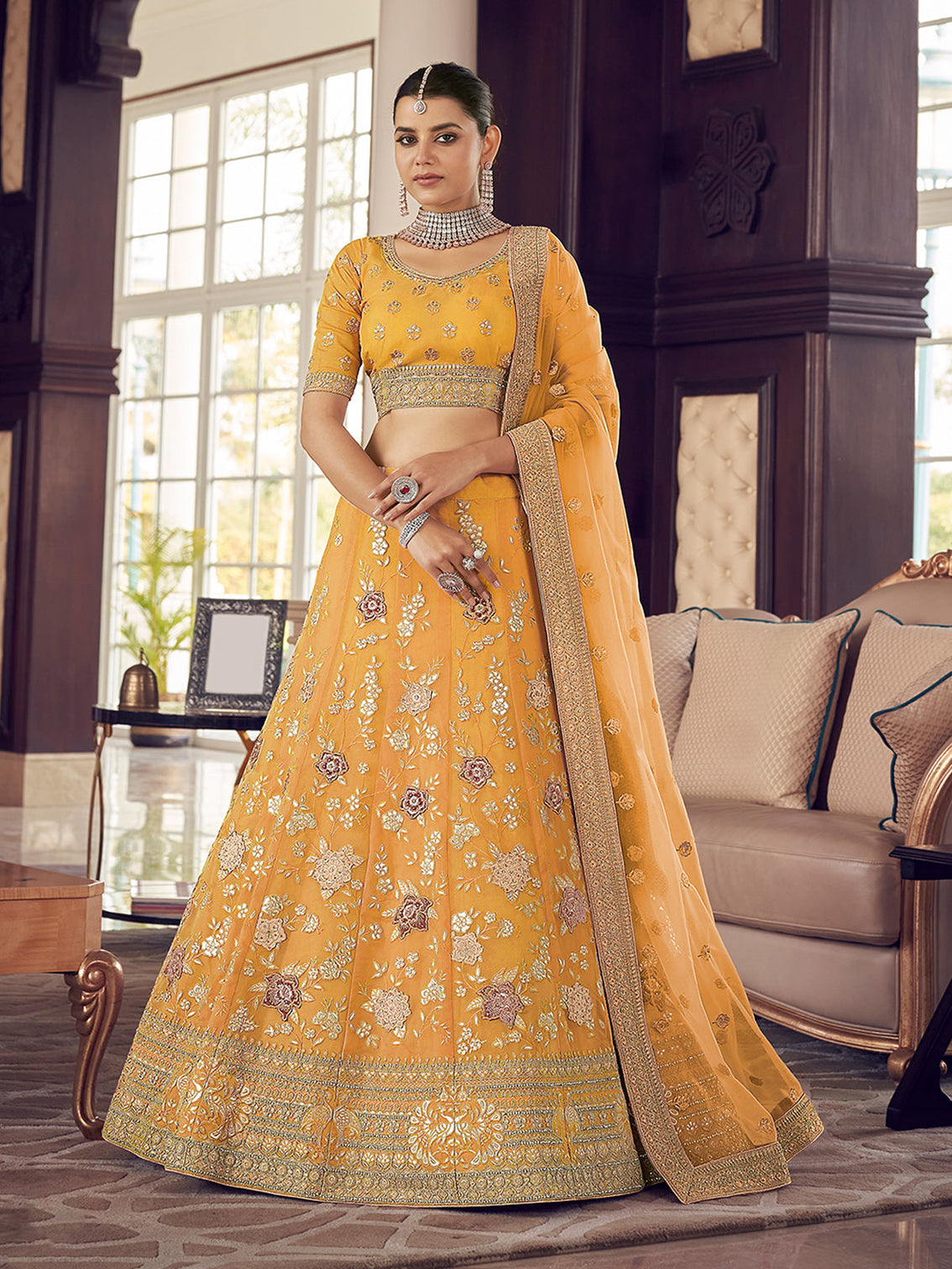 Yellow Embroidered Organza Semi Stitched Lehenga With Unstitched Blouse