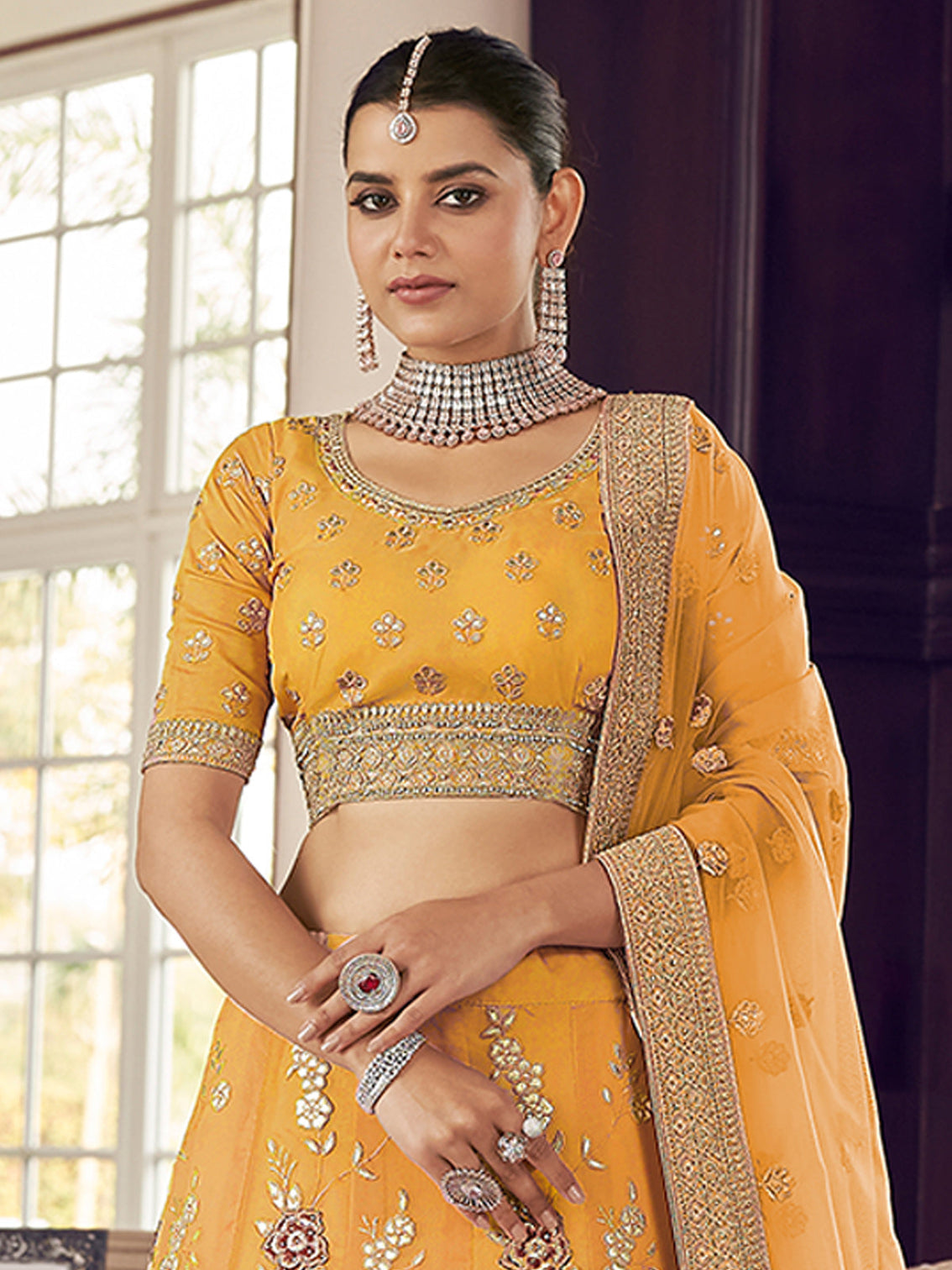 Yellow Embroidered Organza Semi Stitched Lehenga With Unstitched Blouse