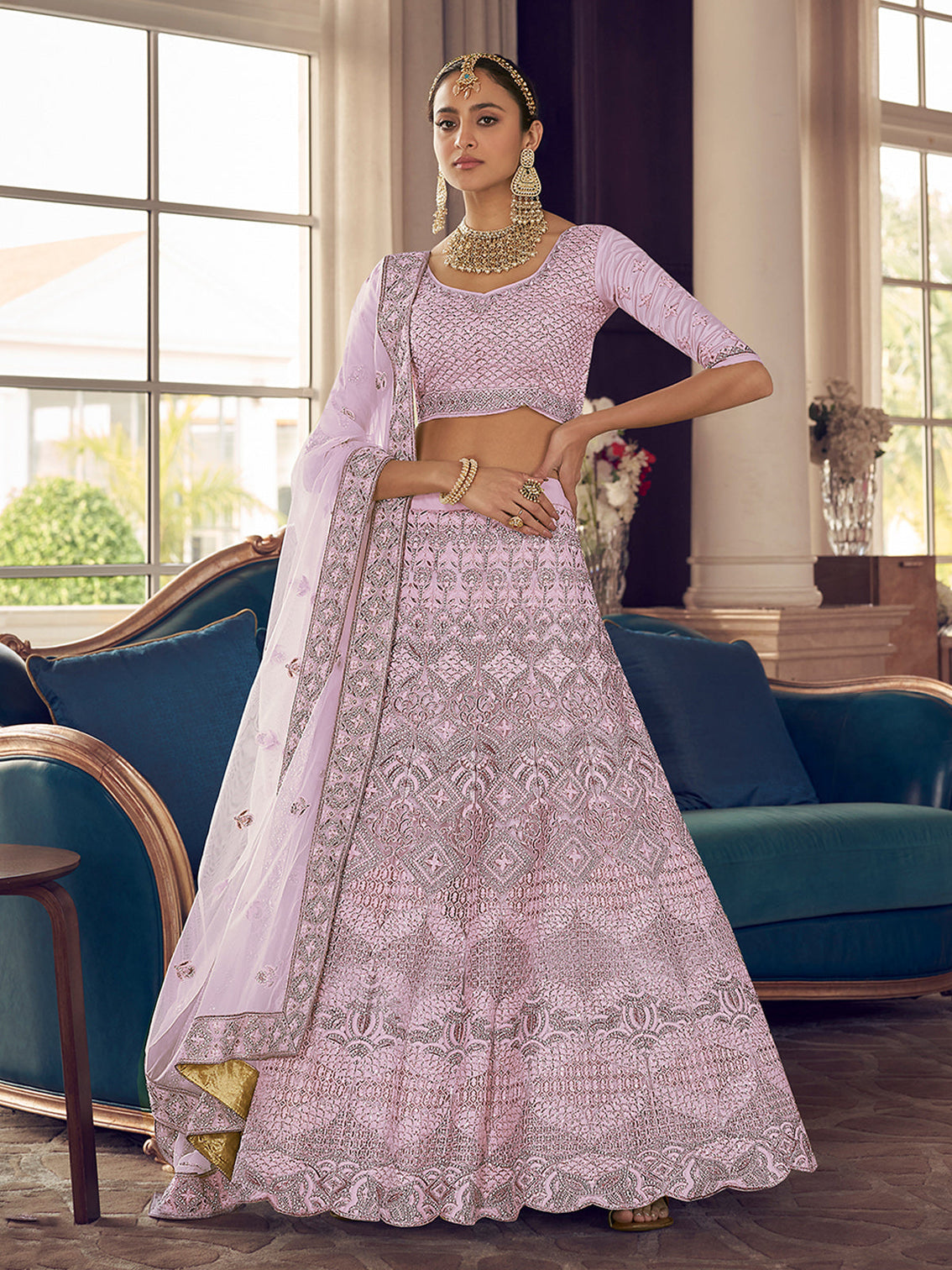 Pink Embroidered Crepe Semi Stitched Lehenga With Unstitched Blouse