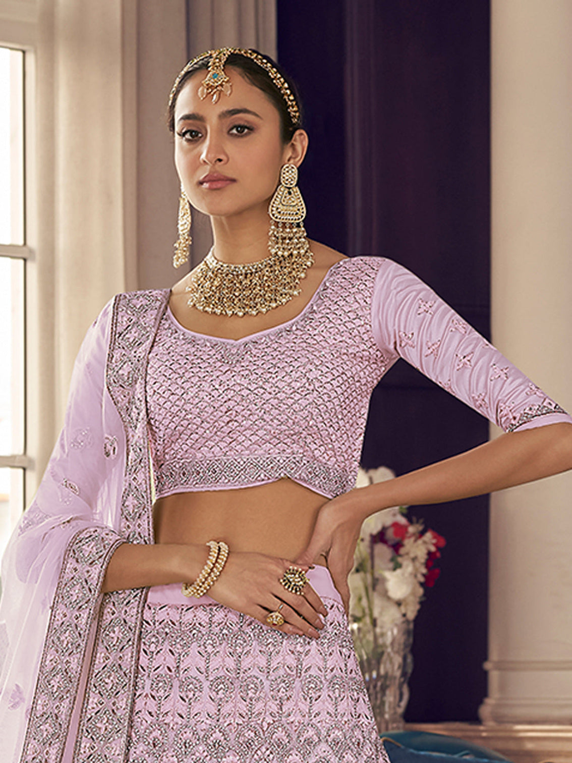 Pink Embroidered Crepe Semi Stitched Lehenga With Unstitched Blouse