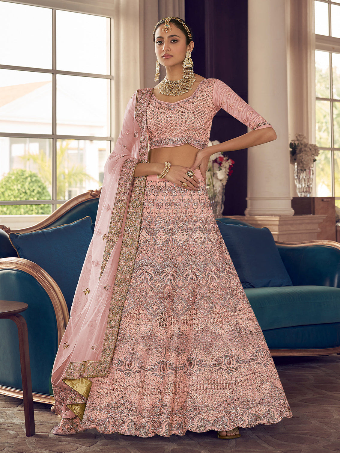 Peach Crepe Semi Stitched Lehenga With Unstitched Blouse