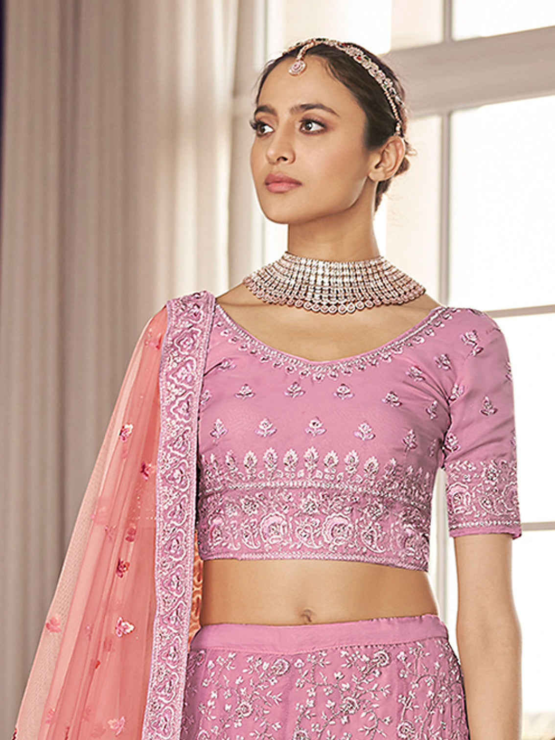 Pink Embroidered Organza Semi Stitched Lehenga With Unstitched Blouse