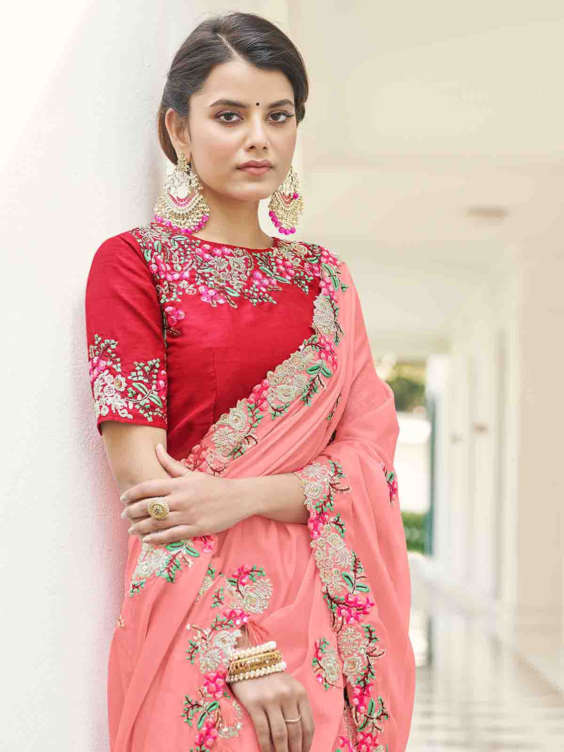 Pink Georgette Embroidered Saree With Unstitched Blouse