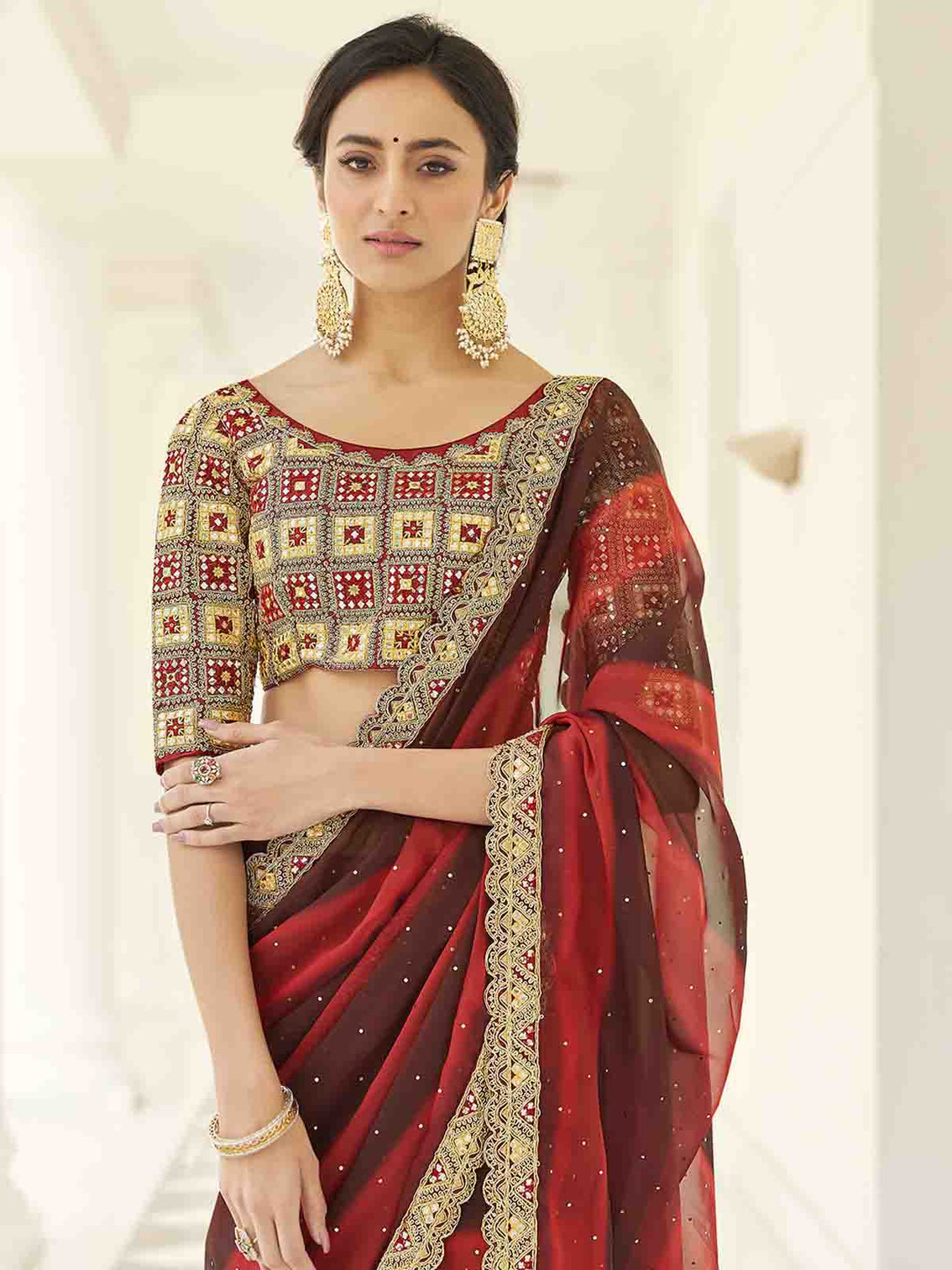 Brown Organza Embroidered Saree With Unstitched Blouse