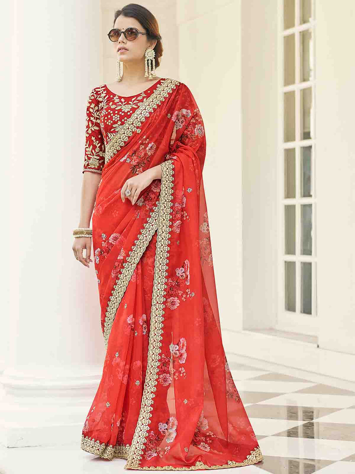 Red Organza Embroidered Saree With Unstitched Blouse