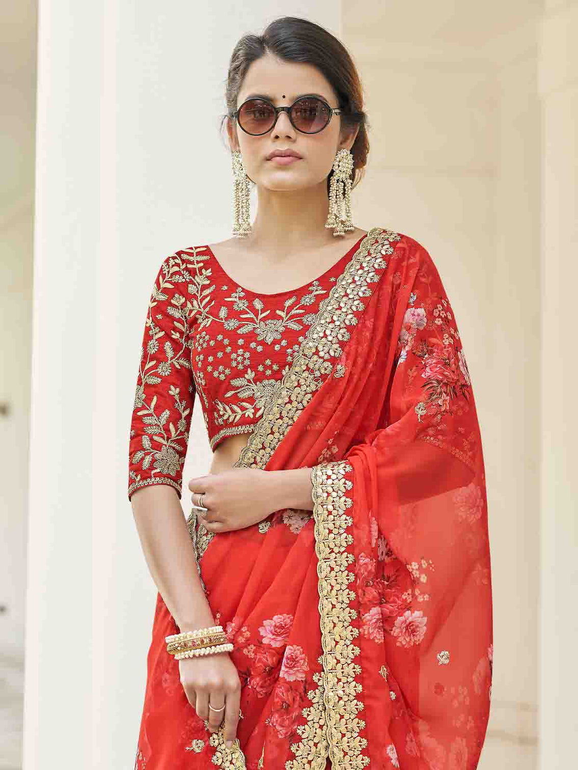 Red Organza Embroidered Saree With Unstitched Blouse