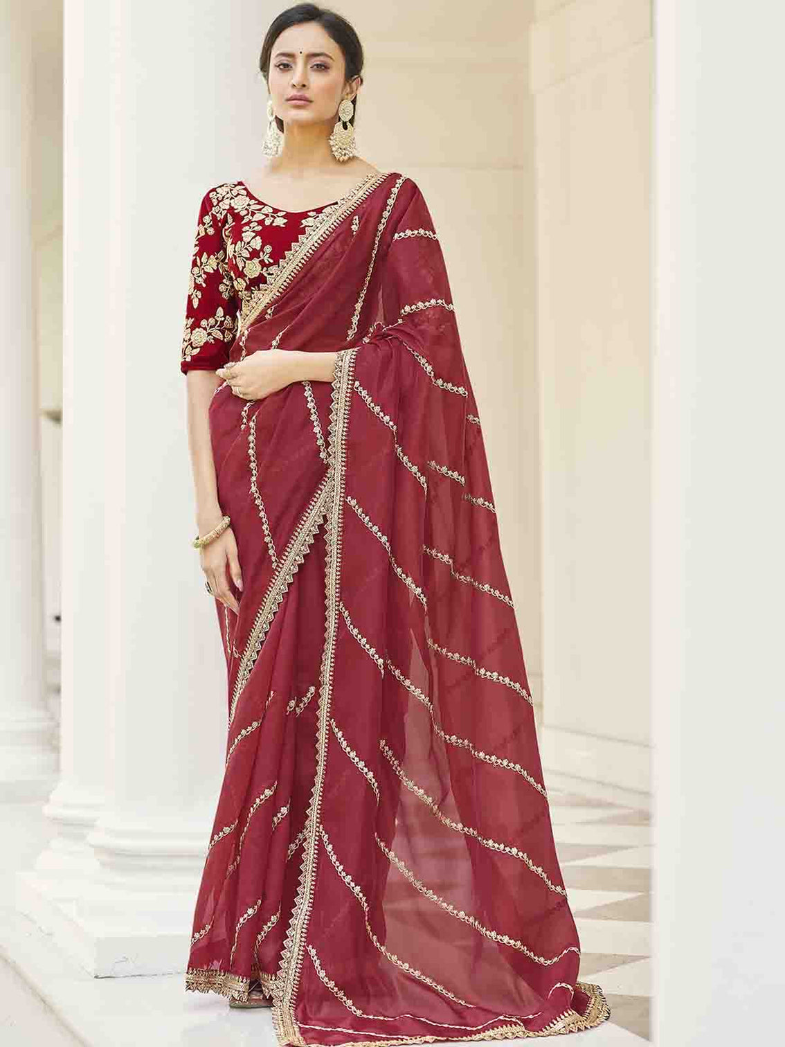 Maroon Organza Embroidered Saree With Unstitched Blouse