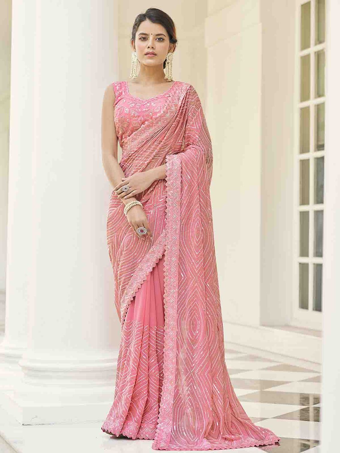 Pink Georgette Embroidered Saree With Unstitched Blouse