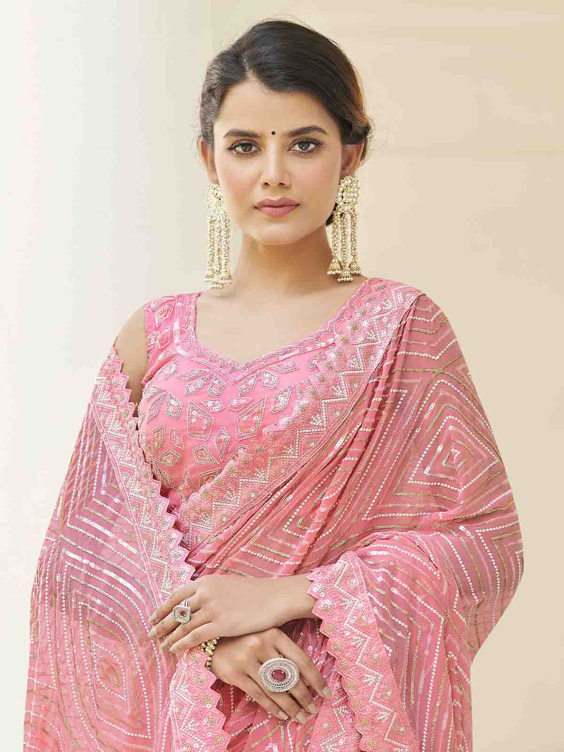 Pink Georgette Embroidered Saree With Unstitched Blouse