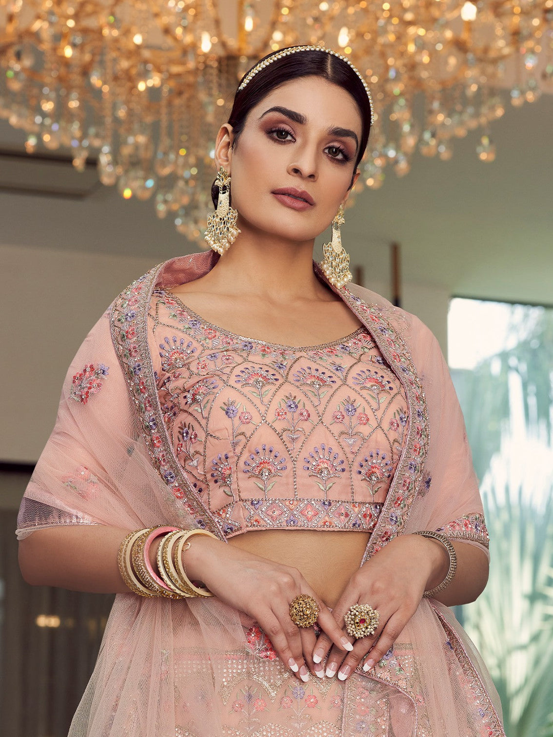 Peach Soft Net Semi Stitched Lehenga With Unstitched Blouse