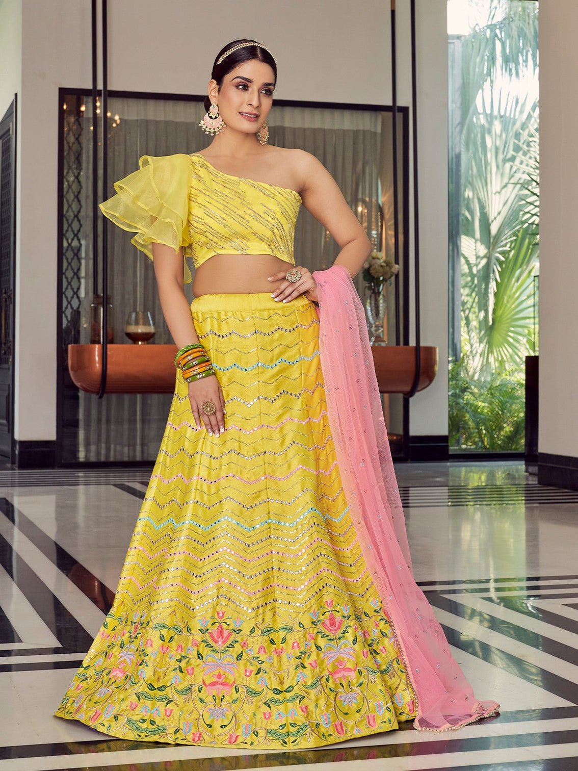Designer Yellow Art Silk Semi Stitched Lehenga With Unstitched Blouse