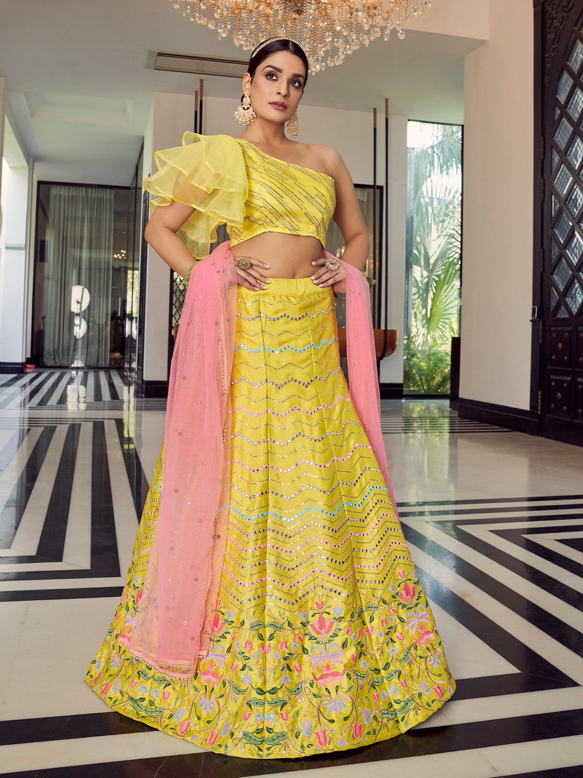 Designer Yellow Art Silk Semi Stitched Lehenga With Unstitched Blouse