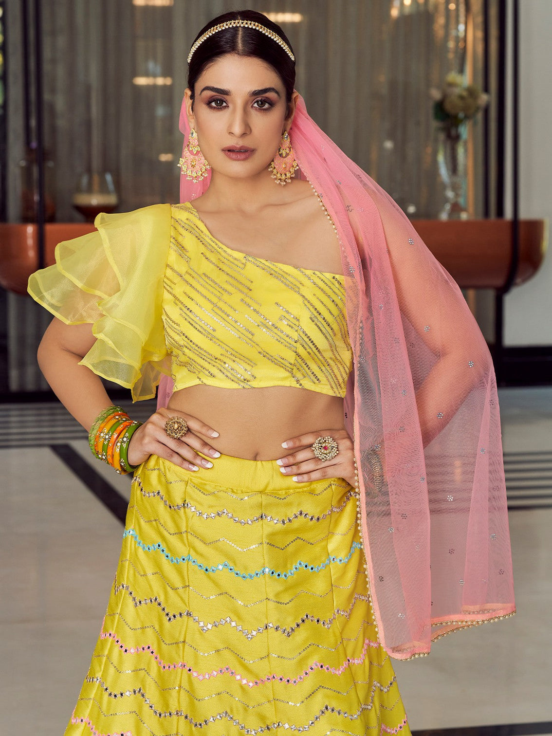 Designer Yellow Art Silk Semi Stitched Lehenga With Unstitched Blouse