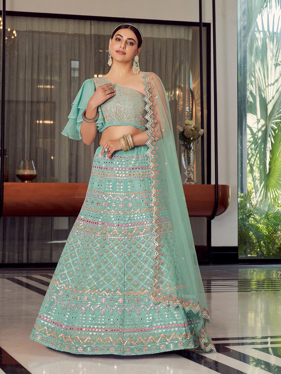 Sea Green Stunning Semi Stitched Lehenga With Unstitched Blouse