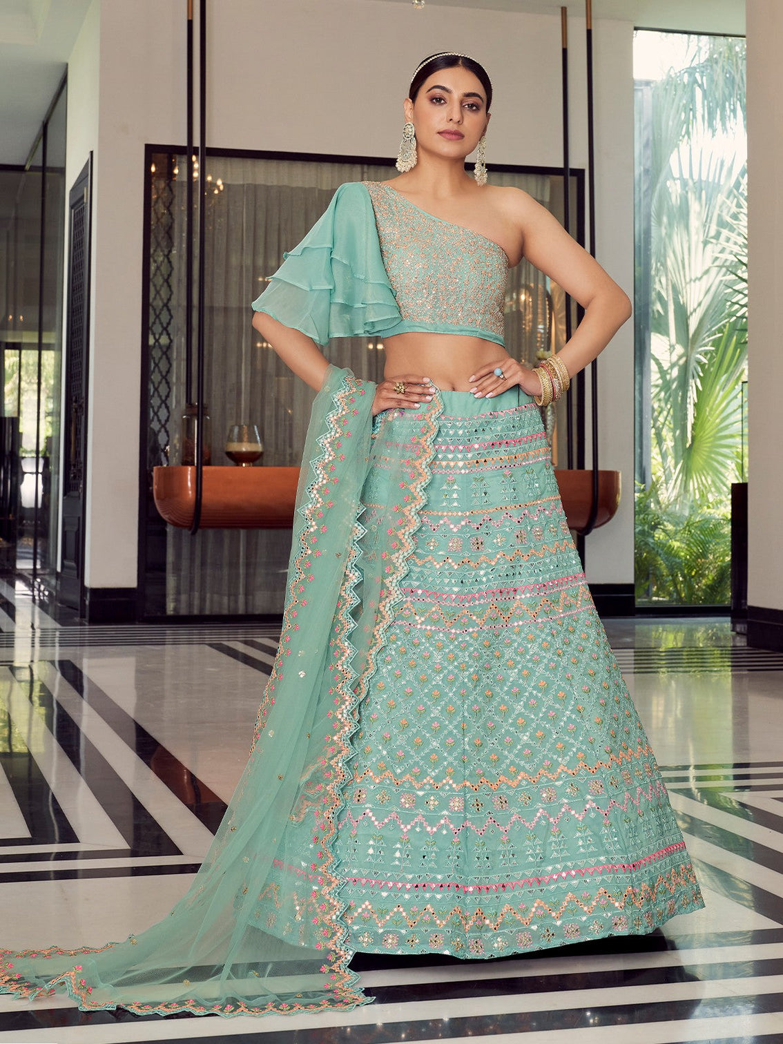 Sea Green Stunning Semi Stitched Lehenga With Unstitched Blouse