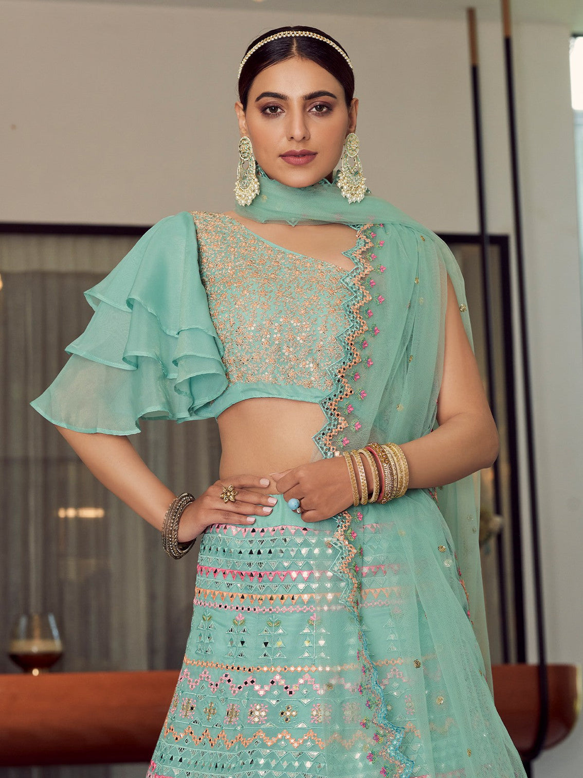 Sea Green Stunning Semi Stitched Lehenga With Unstitched Blouse