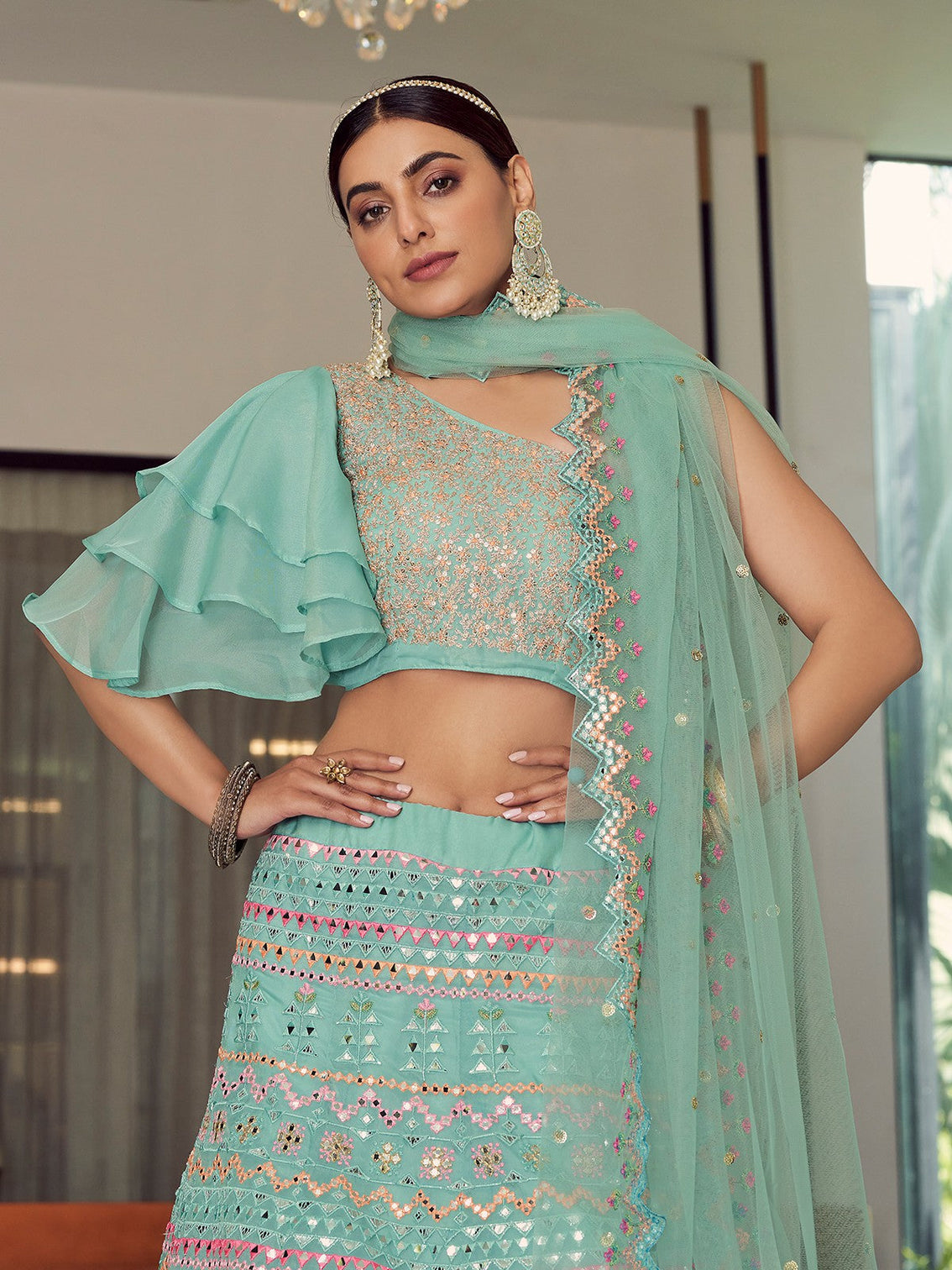 Sea Green Stunning Semi Stitched Lehenga With Unstitched Blouse