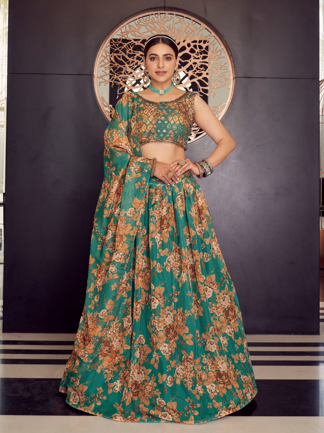 Green Organza Semi Stitched Lehenga With Unstitched Blouse