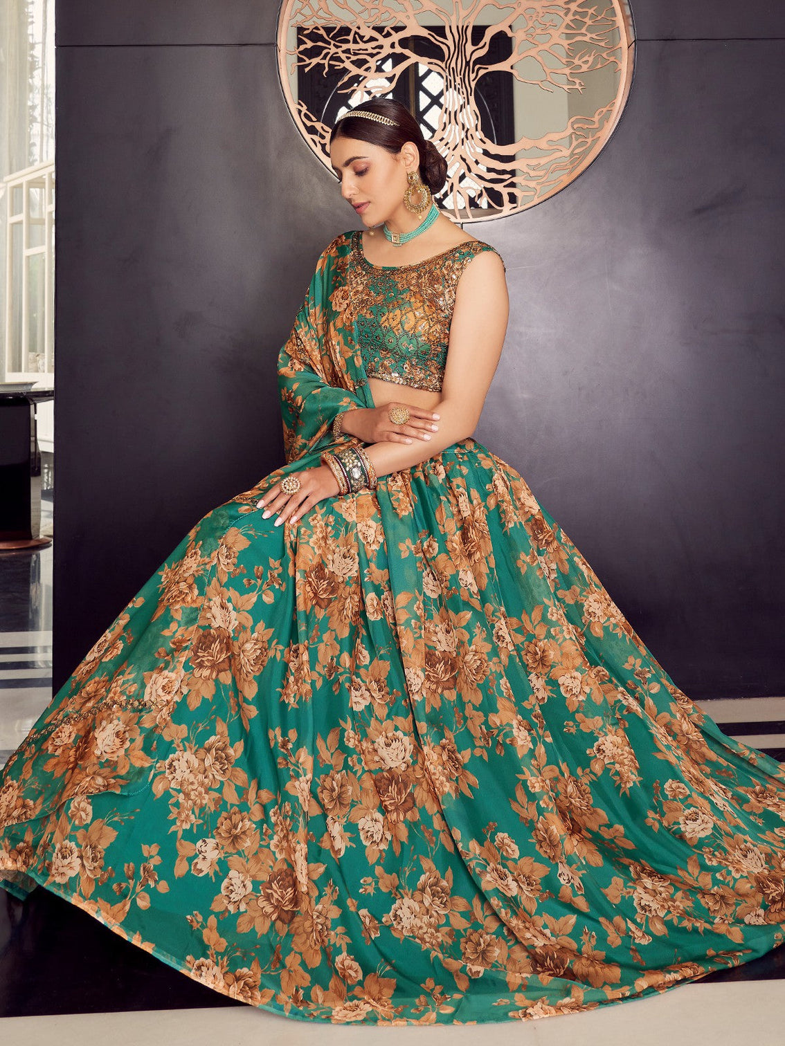 Green Organza Semi Stitched Lehenga With Unstitched Blouse