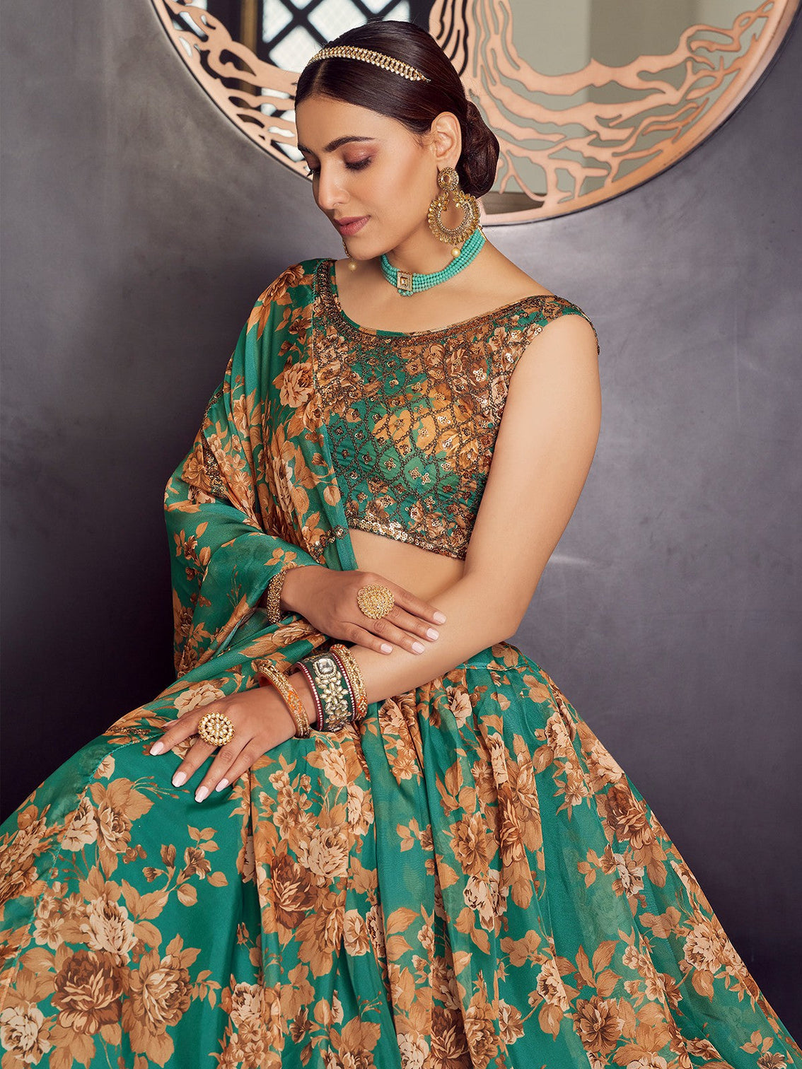 Green Organza Semi Stitched Lehenga With Unstitched Blouse