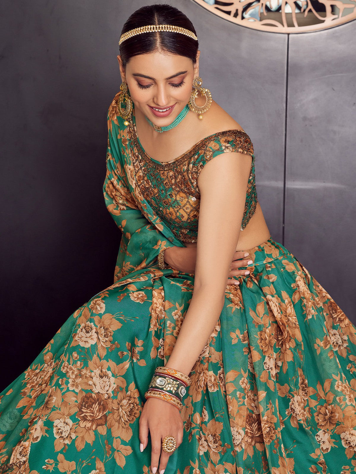 Green Organza Semi Stitched Lehenga With Unstitched Blouse