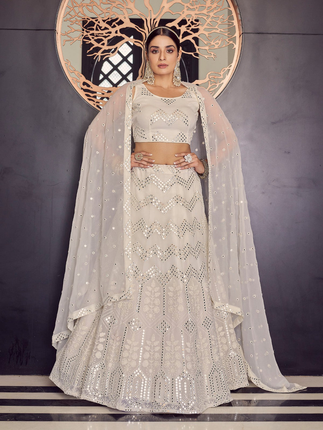 Designer White Semi Stitched Lehenga With Unstitched Blouse