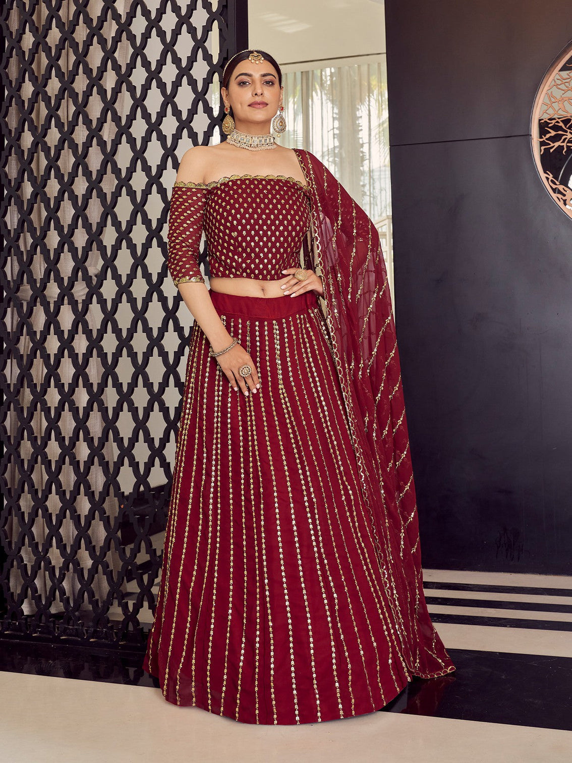Georgette Maroon Semi Stitched Lehenga With Unstitched Blouse