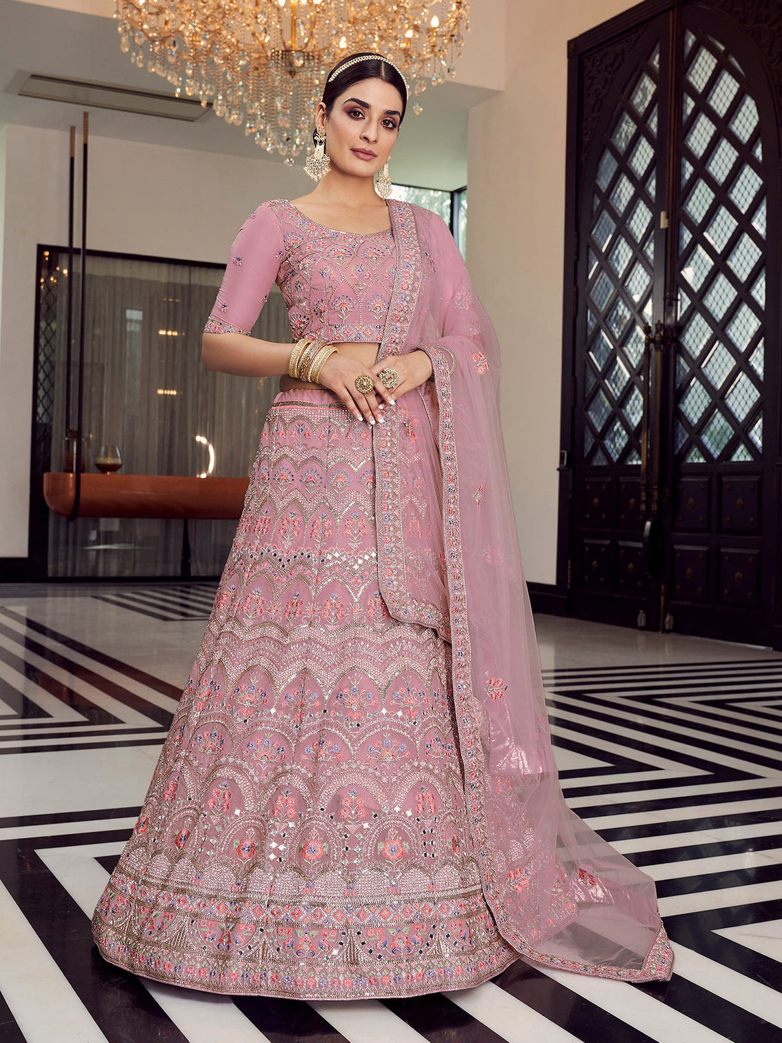 Pink Embroidered Organza Semi Stitched Lehenga With Unstitched Blouse