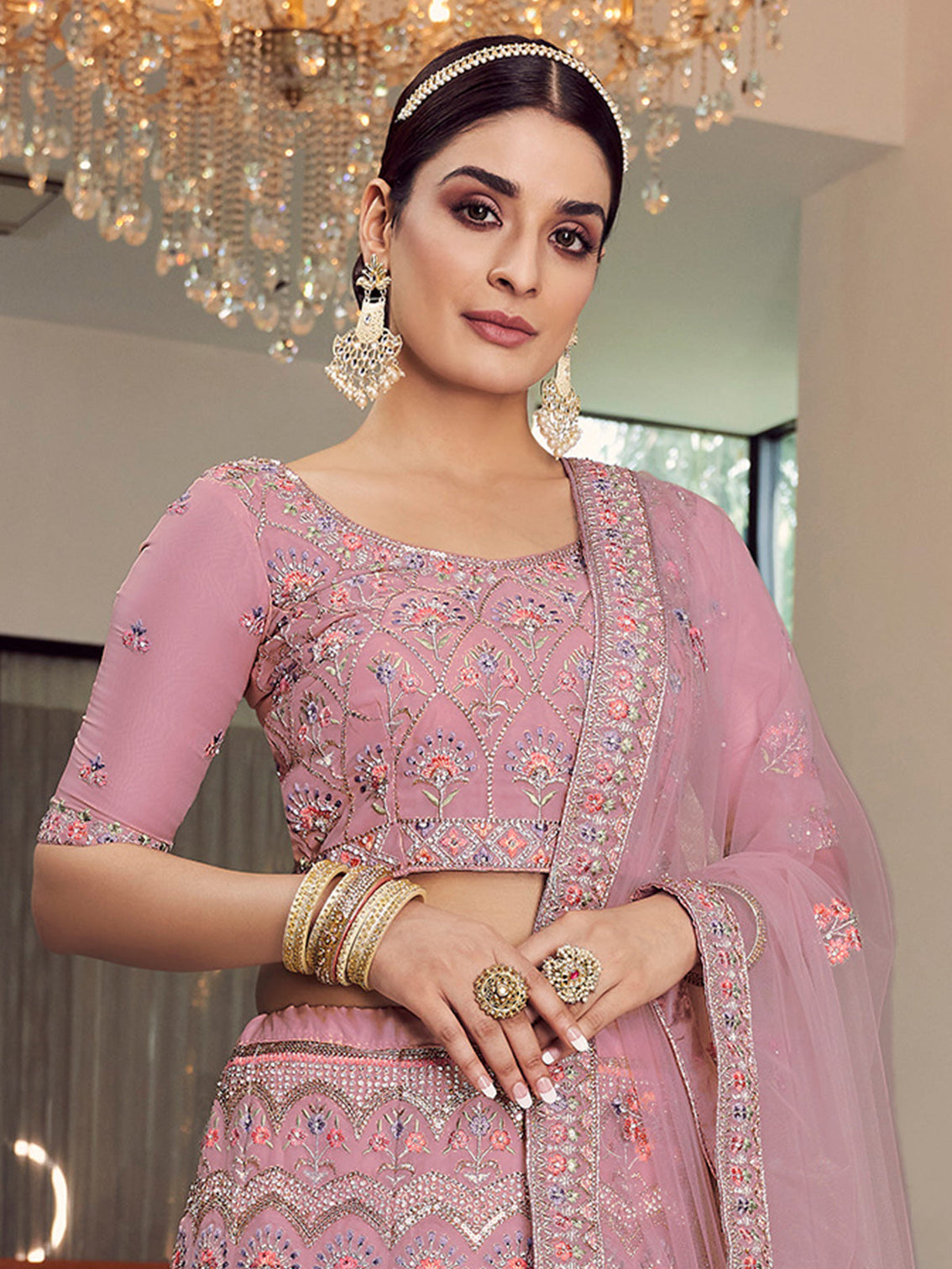 Pink Embroidered Organza Semi Stitched Lehenga With Unstitched Blouse