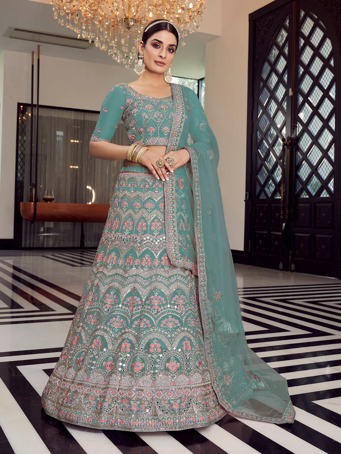 Sea Green Organza Semi Stitched Lehenga With Unstitched Blouse