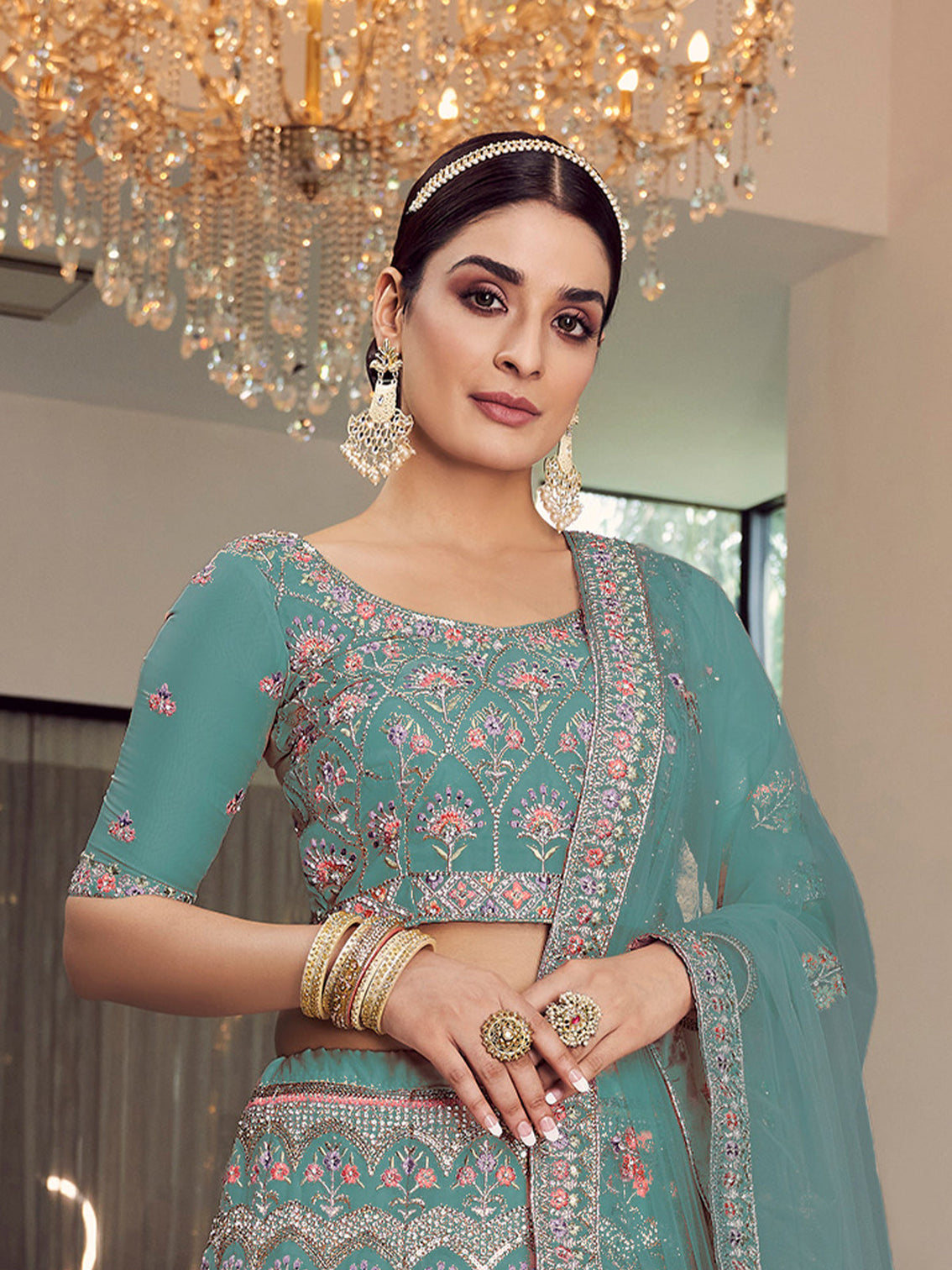Sea Green Organza Semi Stitched Lehenga With Unstitched Blouse