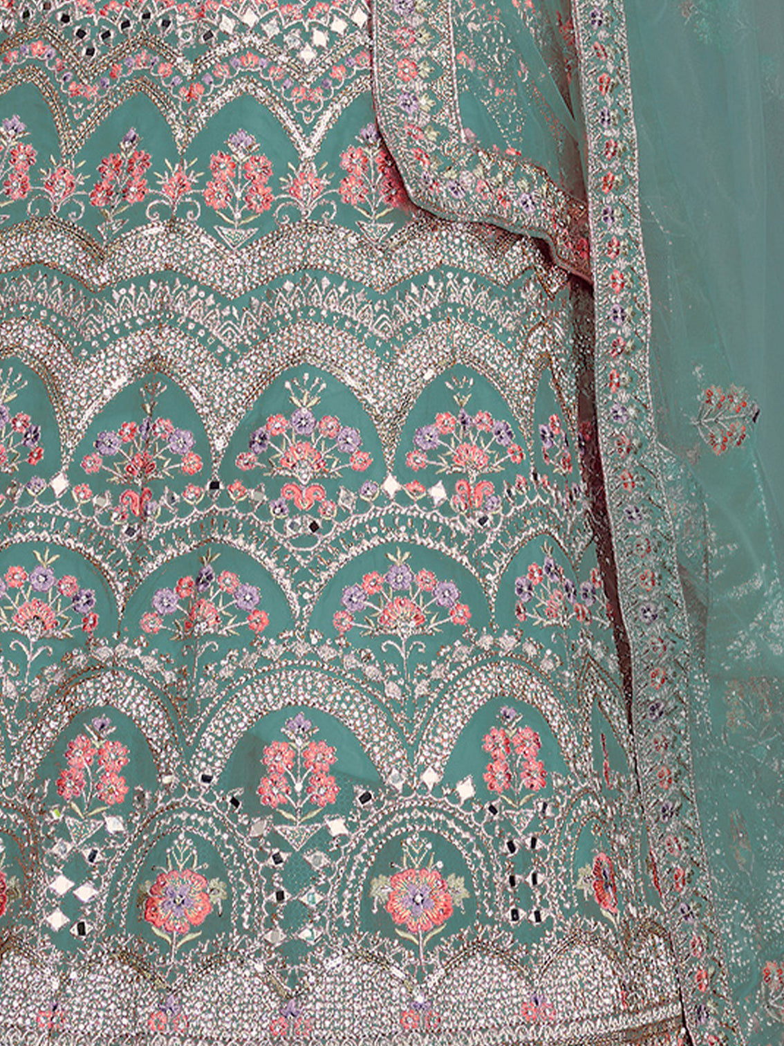 Sea Green Organza Semi Stitched Lehenga With Unstitched Blouse