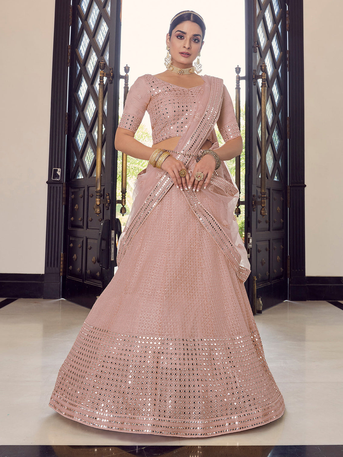 Peach Embroidered Georgette Semi Stitched Lehenga With Unstitched Blouse