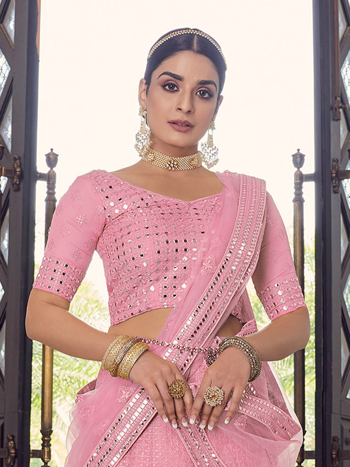 Pink Embroidered Georgette Semi Stitched Lehenga With Unstitched Blouse