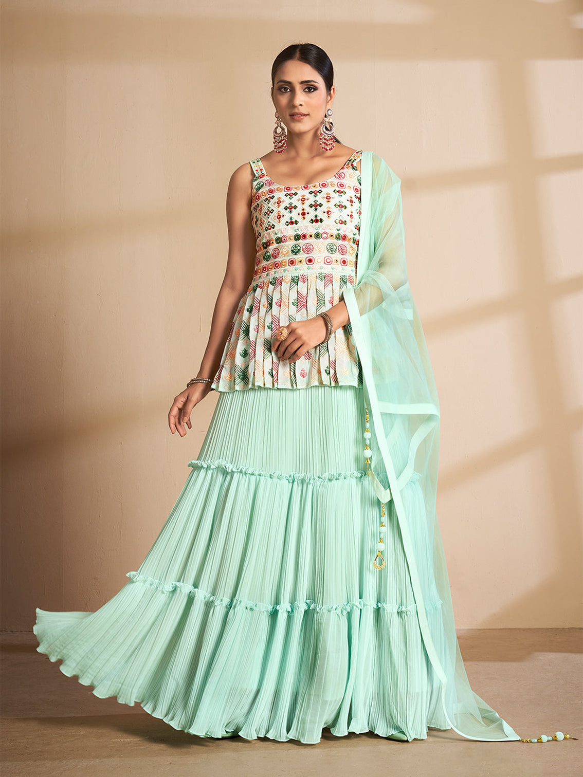 Sea Green Embroidered Georgette Semi Stitched Lehenga With Unstitched Blouse