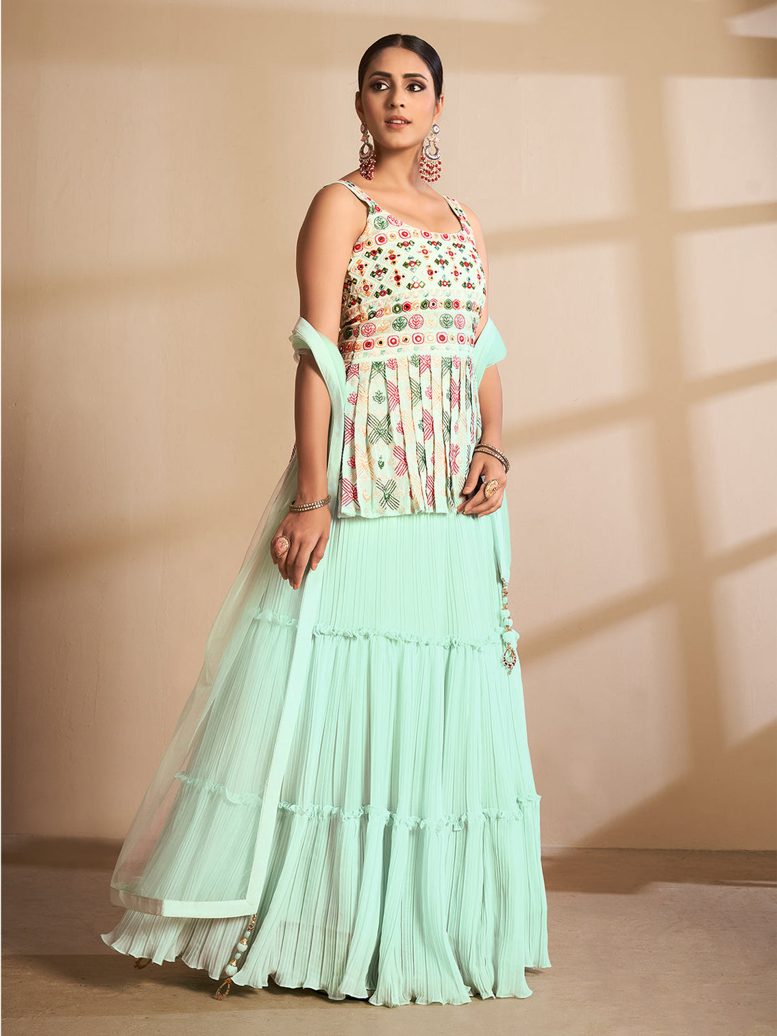 Sea Green Embroidered Georgette Semi Stitched Lehenga With Unstitched Blouse