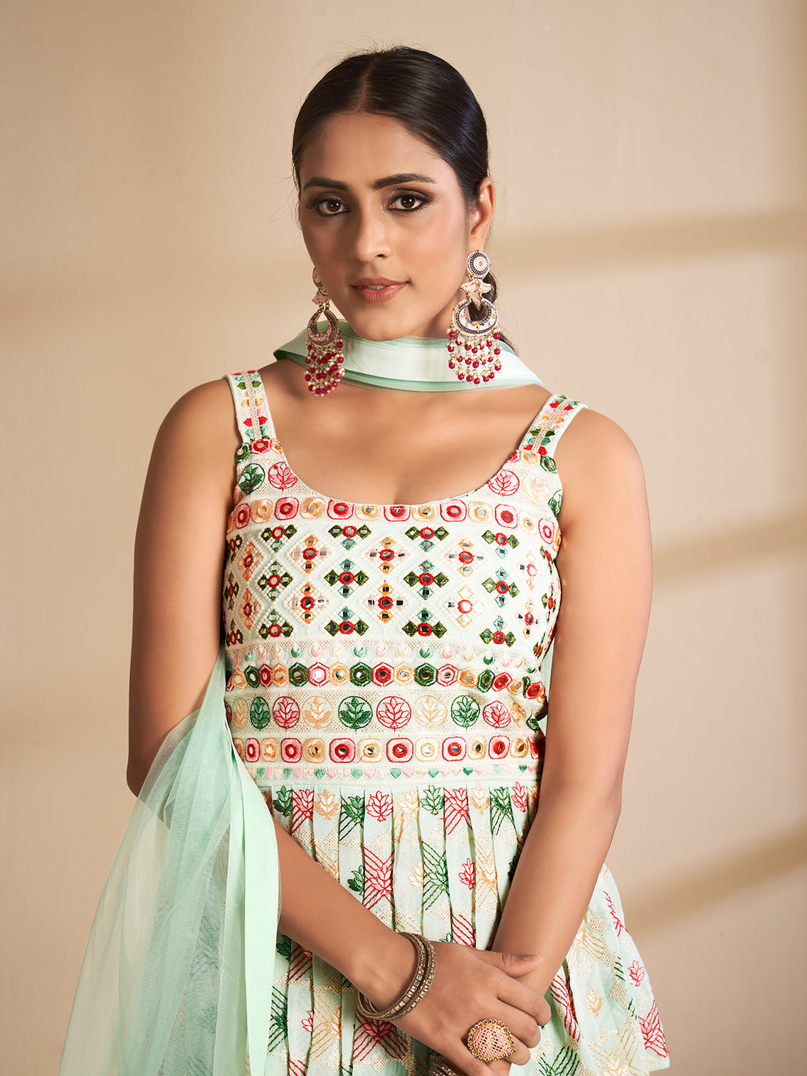 Sea Green Embroidered Georgette Semi Stitched Lehenga With Unstitched Blouse