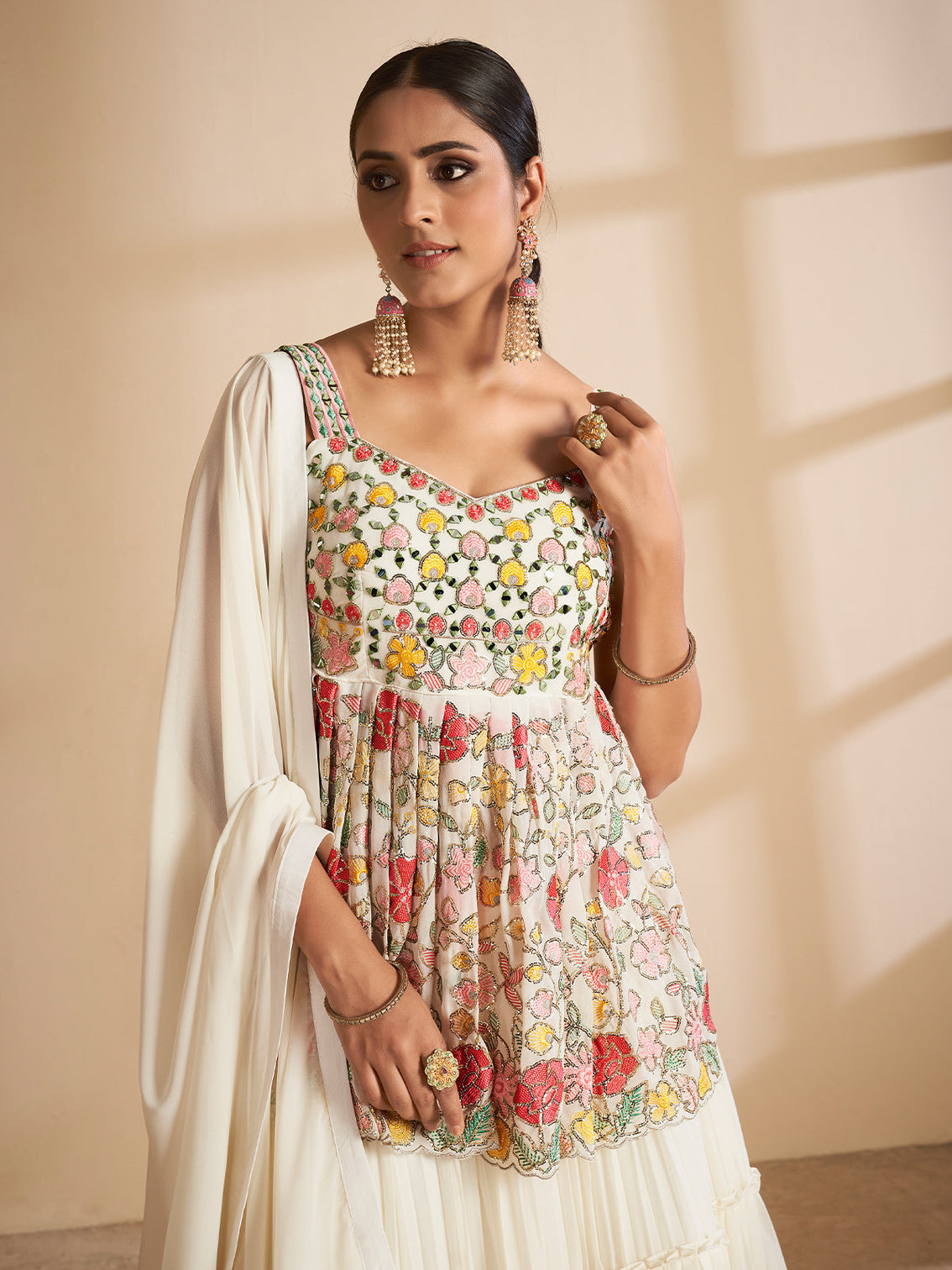 Apricot Georgette Semi Stitched Lehenga With Unstitched Blouse